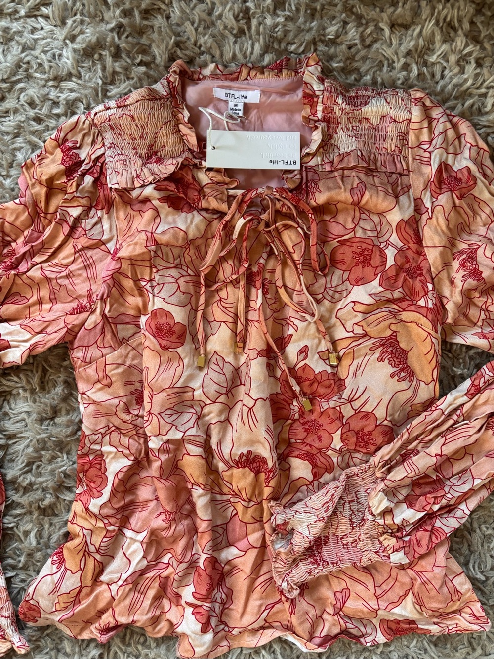 Floral Peach Tie-Front Long-Sleeve Blouse - Picture 7 of 7